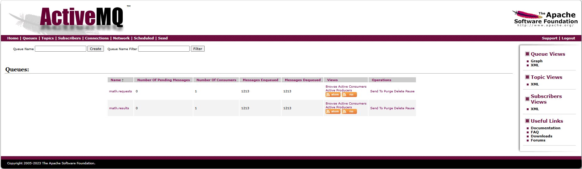 ActiveMQ web console showing math.requests and math.results queues with 1213 messages enqueued and dequeued